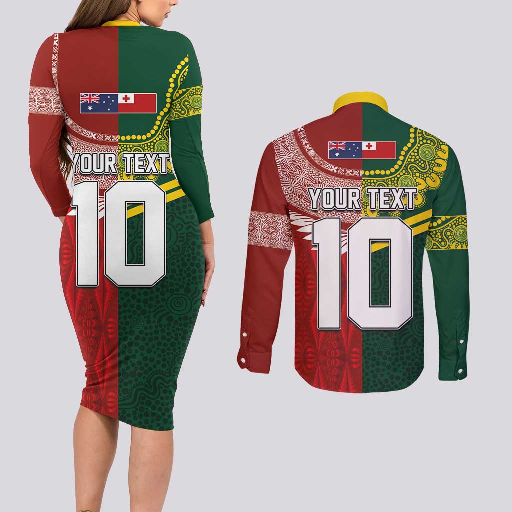 Custom Mate Ma'a Tonga and Australia Kangaroo Couples Matching Long Sleeve Bodycon Dress and Long Sleeve Button Shirt Nation Seal with Mascot Aboriginal and Tongan Kupesi Ngatu Art LT03 - Polynesian Pride