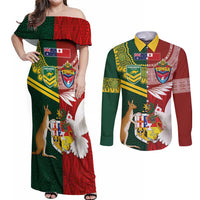 Custom Mate Ma'a Tonga and Australia Kangaroo Couples Matching Off Shoulder Maxi Dress and Long Sleeve Button Shirt Nation Seal with Mascot Aboriginal and Tongan Kupesi Ngatu Art LT03 Red - Polynesian Pride