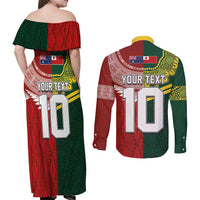 Custom Mate Ma'a Tonga and Australia Kangaroo Couples Matching Off Shoulder Maxi Dress and Long Sleeve Button Shirt Nation Seal with Mascot Aboriginal and Tongan Kupesi Ngatu Art LT03 - Polynesian Pride