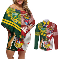 Custom Mate Ma'a Tonga and Australia Kangaroo Couples Matching Off Shoulder Short Dress and Long Sleeve Button Shirt Nation Seal with Mascot Aboriginal and Tongan Kupesi Ngatu Art LT03 Red - Polynesian Pride