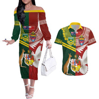 Custom Mate Ma'a Tonga and Australia Kangaroo Couples Matching Off The Shoulder Long Sleeve Dress and Hawaiian Shirt Nation Seal with Mascot Aboriginal and Tongan Kupesi Ngatu Art LT03 Red - Polynesian Pride