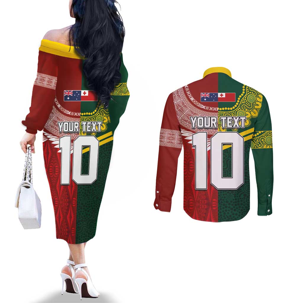 Custom Mate Ma'a Tonga and Australia Kangaroo Couples Matching Off The Shoulder Long Sleeve Dress and Long Sleeve Button Shirt Nation Seal with Mascot Aboriginal and Tongan Kupesi Ngatu Art LT03 - Polynesian Pride
