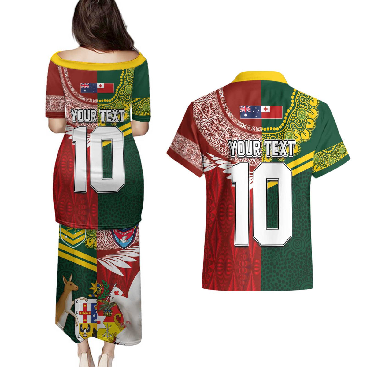 Custom Mate Ma'a Tonga and Australia Kangaroo Couples Matching Puletasi and Hawaiian Shirt Nation Seal with Mascot Aboriginal and Tongan Kupesi Ngatu Art LT03 - Polynesian Pride