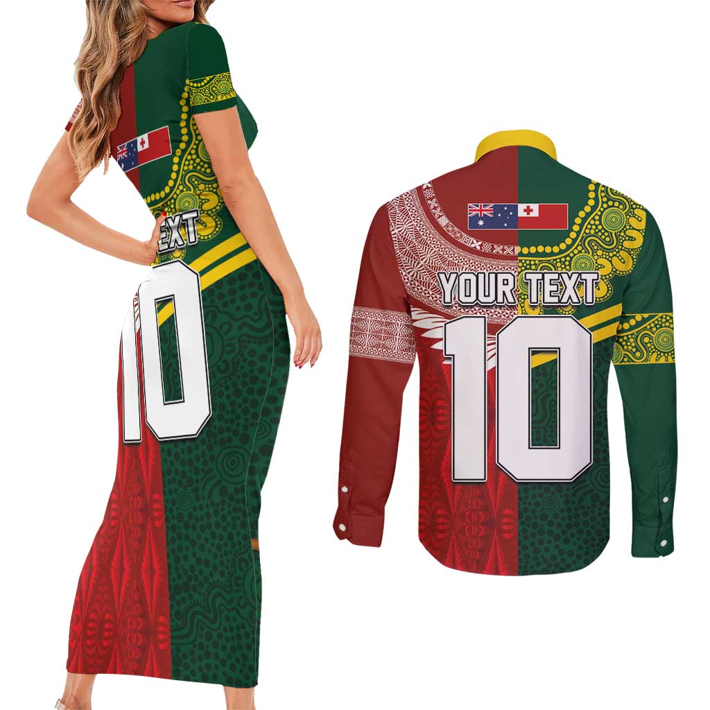 Custom Mate Ma'a Tonga and Australia Kangaroo Couples Matching Short Sleeve Bodycon Dress and Long Sleeve Button Shirt Nation Seal with Mascot Aboriginal and Tongan Kupesi Ngatu Art LT03 - Polynesian Pride