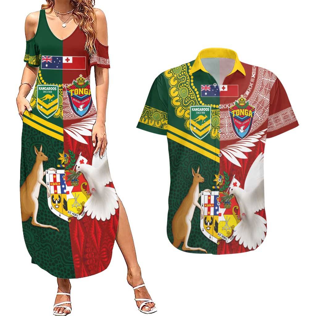 Custom Mate Ma'a Tonga and Australia Kangaroo Couples Matching Summer Maxi Dress and Hawaiian Shirt Nation Seal with Mascot Aboriginal and Tongan Kupesi Ngatu Art LT03 Red - Polynesian Pride