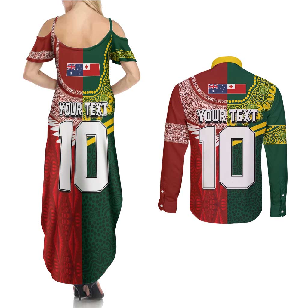 Custom Mate Ma'a Tonga and Australia Kangaroo Couples Matching Summer Maxi Dress and Long Sleeve Button Shirt Nation Seal with Mascot Aboriginal and Tongan Kupesi Ngatu Art LT03 - Polynesian Pride