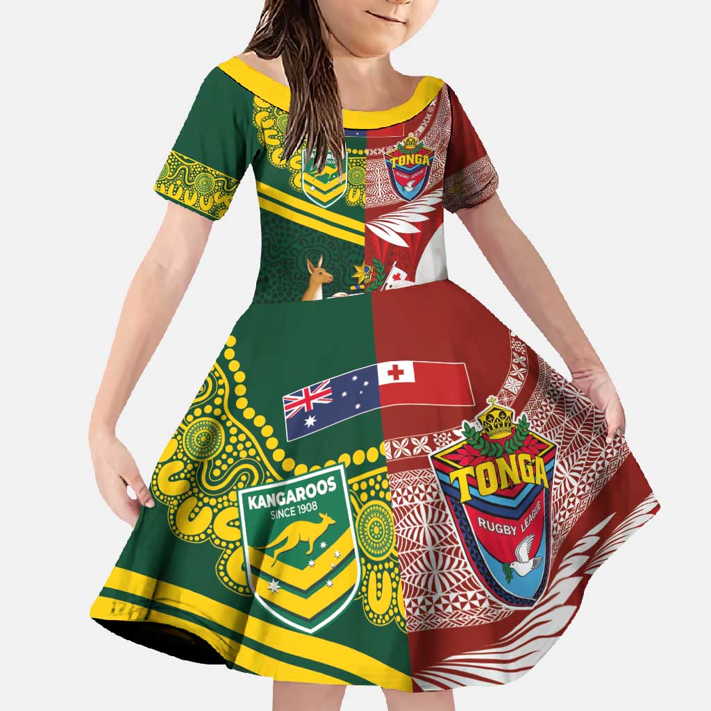 Custom Mate Ma'a Tonga and Australia Kangaroo Family Matching Mermaid Dress and Hawaiian Shirt Nation Seal with Mascot Aboriginal and Tongan Kupesi Ngatu Art LT03 Daughter's Dress Red - Polynesian Pride