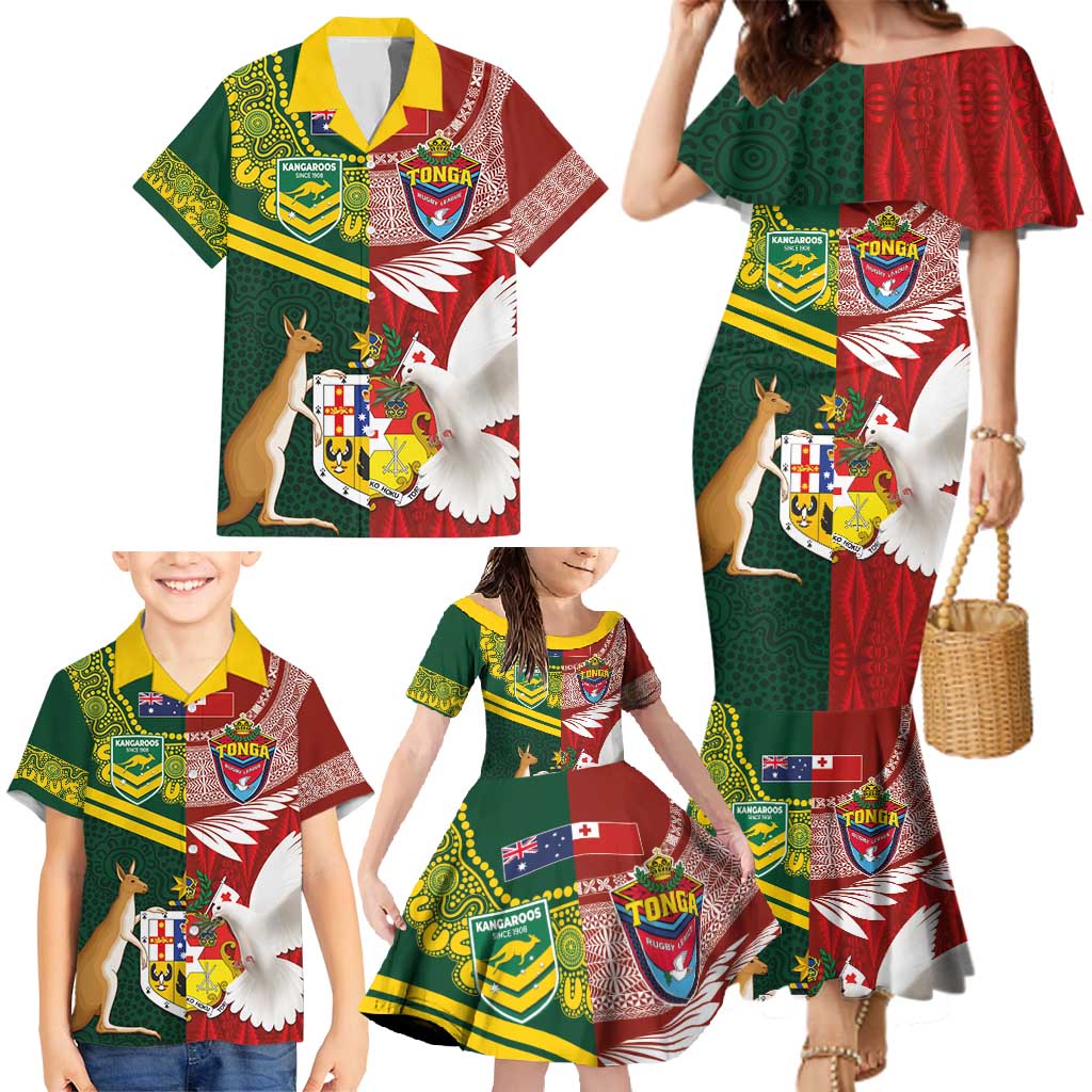 Custom Mate Ma'a Tonga and Australia Kangaroo Family Matching Mermaid Dress and Hawaiian Shirt Nation Seal with Mascot Aboriginal and Tongan Kupesi Ngatu Art LT03 - Polynesian Pride