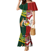 Custom Mate Ma'a Tonga and Australia Kangaroo Family Matching Mermaid Dress and Hawaiian Shirt Nation Seal with Mascot Aboriginal and Tongan Kupesi Ngatu Art LT03 Mom's Dress Red - Polynesian Pride