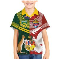 Custom Mate Ma'a Tonga and Australia Kangaroo Family Matching Mermaid Dress and Hawaiian Shirt Nation Seal with Mascot Aboriginal and Tongan Kupesi Ngatu Art LT03 Son's Shirt Red - Polynesian Pride