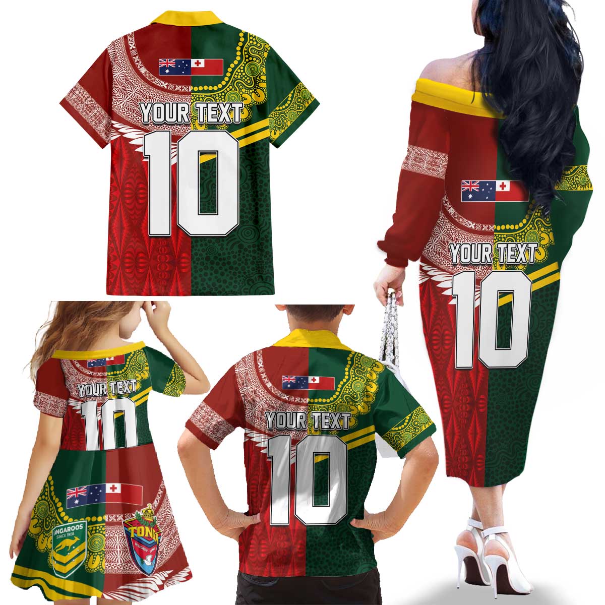 Custom Mate Ma'a Tonga and Australia Kangaroo Family Matching Off The Shoulder Long Sleeve Dress and Hawaiian Shirt Nation Seal with Mascot Aboriginal and Tongan Kupesi Ngatu Art LT03 - Polynesian Pride