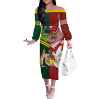 Custom Mate Ma'a Tonga and Australia Kangaroo Family Matching Off The Shoulder Long Sleeve Dress and Hawaiian Shirt Nation Seal with Mascot Aboriginal and Tongan Kupesi Ngatu Art LT03 Mom's Dress Red - Polynesian Pride