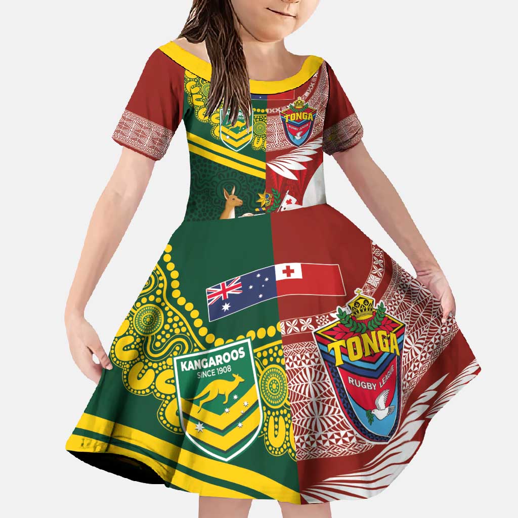 Custom Mate Ma'a Tonga and Australia Kangaroo Family Matching Off Shoulder Maxi Dress and Hawaiian Shirt Nation Seal with Mascot Aboriginal and Tongan Kupesi Ngatu Art LT03 Daughter's Dress Red - Polynesian Pride