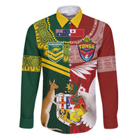 Custom Mate Ma'a Tonga and Australia Kangaroo Family Matching Off Shoulder Maxi Dress and Hawaiian Shirt Nation Seal with Mascot Aboriginal and Tongan Kupesi Ngatu Art LT03 Dad's Shirt - Long Sleeve Red - Polynesian Pride