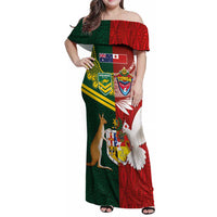 Custom Mate Ma'a Tonga and Australia Kangaroo Family Matching Off Shoulder Maxi Dress and Hawaiian Shirt Nation Seal with Mascot Aboriginal and Tongan Kupesi Ngatu Art LT03 Mom's Dress Red - Polynesian Pride
