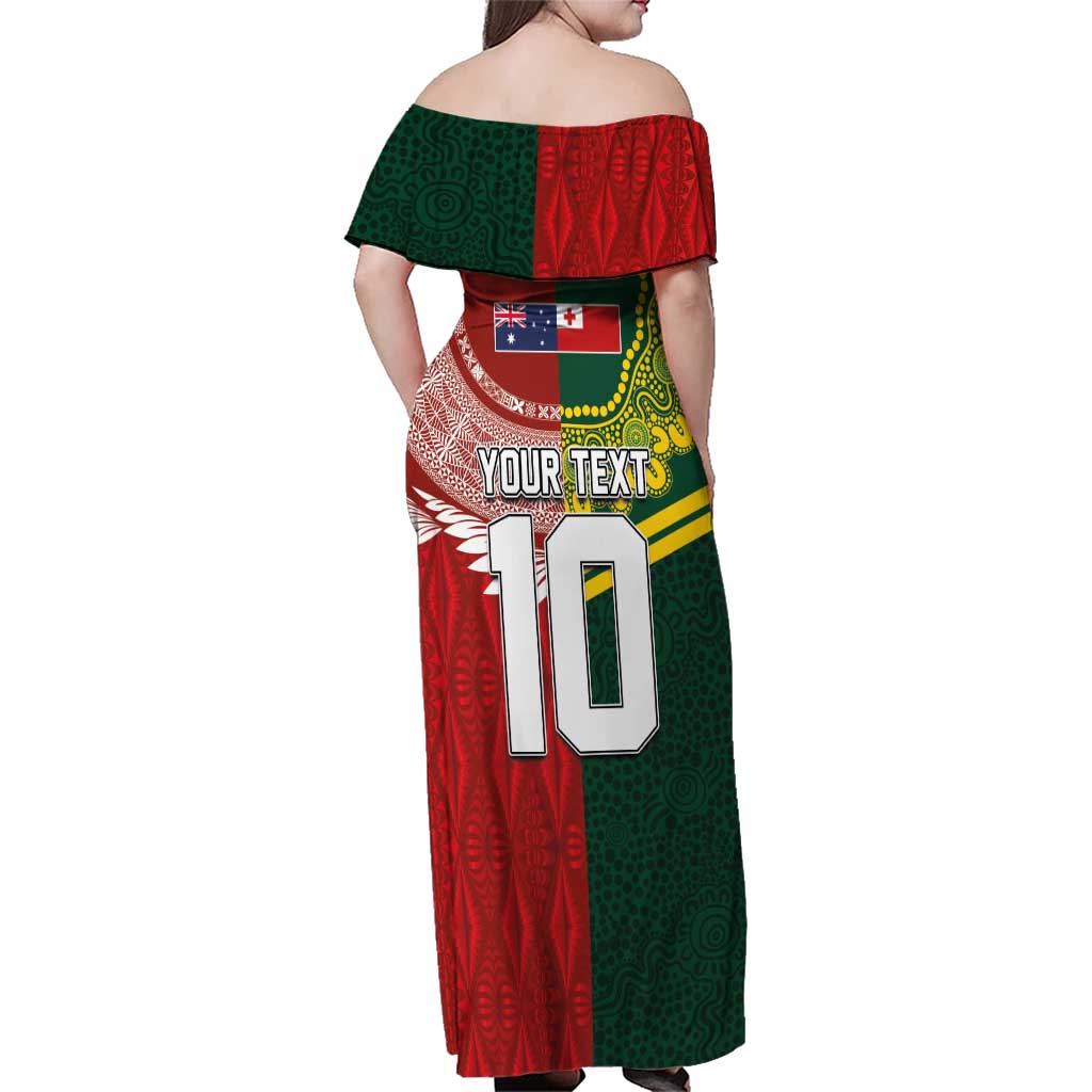 Custom Mate Ma'a Tonga and Australia Kangaroo Family Matching Off Shoulder Maxi Dress and Hawaiian Shirt Nation Seal with Mascot Aboriginal and Tongan Kupesi Ngatu Art LT03 - Polynesian Pride