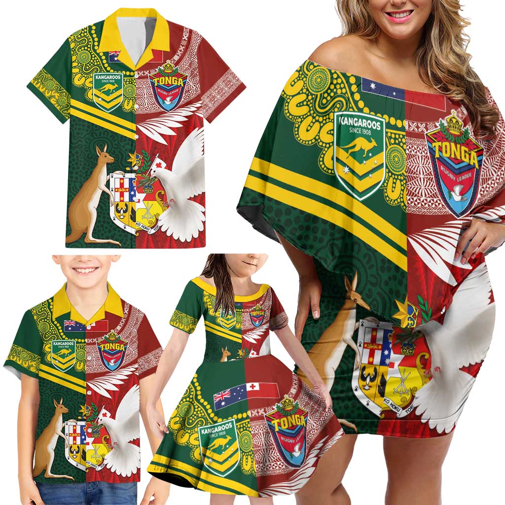 Custom Mate Ma'a Tonga and Australia Kangaroo Family Matching Off Shoulder Short Dress and Hawaiian Shirt Nation Seal with Mascot Aboriginal and Tongan Kupesi Ngatu Art LT03 - Polynesian Pride