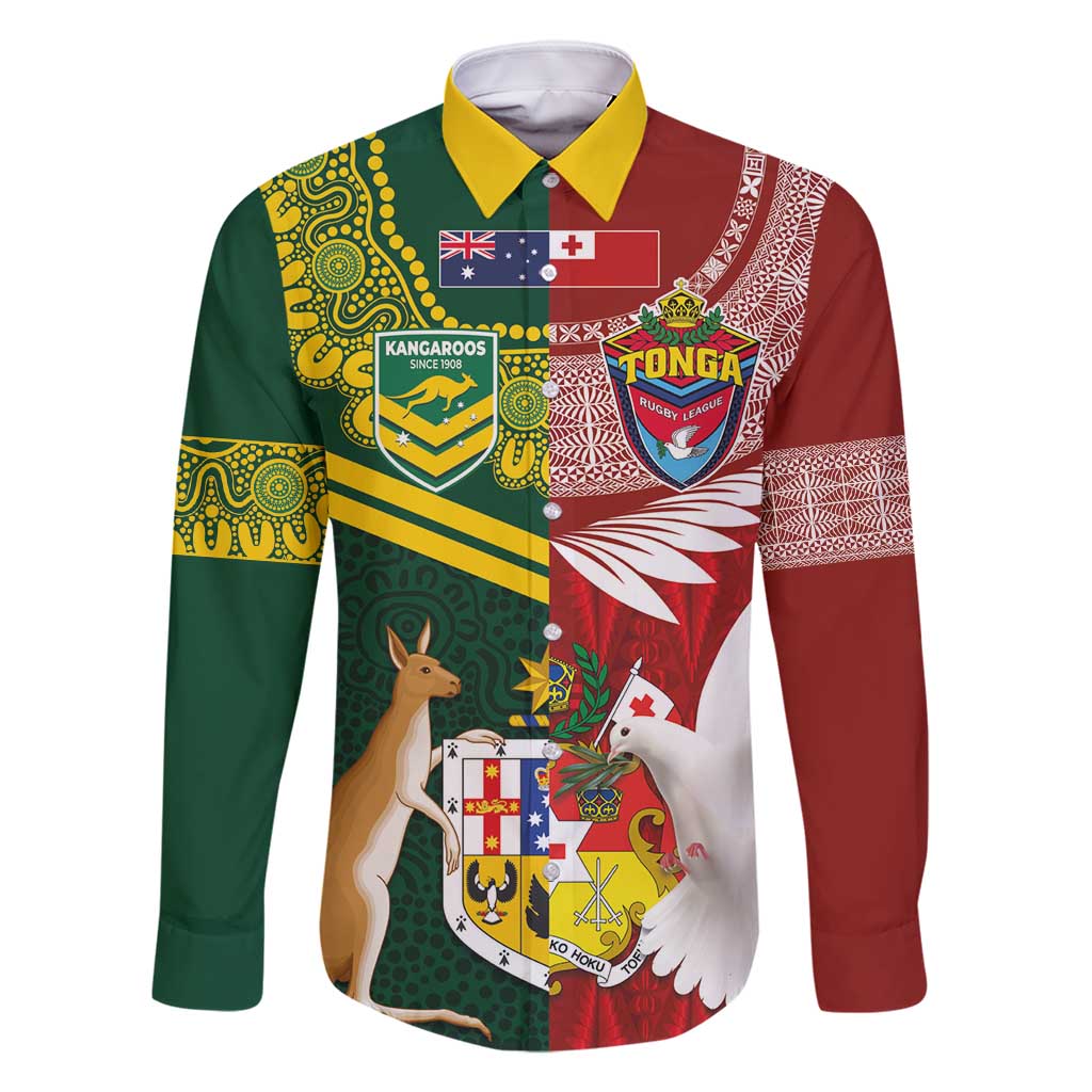 Custom Mate Ma'a Tonga and Australia Kangaroo Family Matching Off Shoulder Short Dress and Hawaiian Shirt Nation Seal with Mascot Aboriginal and Tongan Kupesi Ngatu Art LT03 Dad's Shirt - Long Sleeve Red - Polynesian Pride