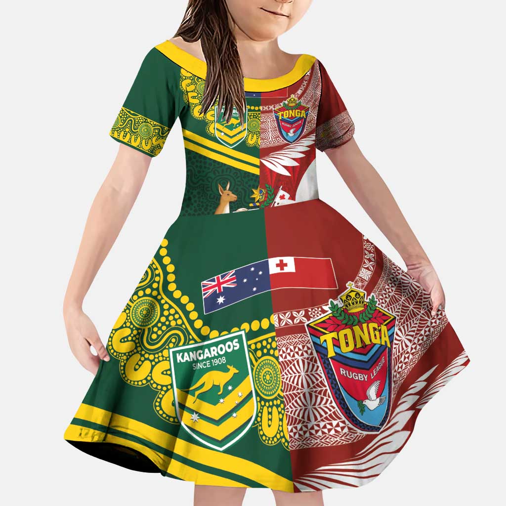 Custom Mate Ma'a Tonga and Australia Kangaroo Family Matching Puletasi and Hawaiian Shirt Nation Seal with Mascot Aboriginal and Tongan Kupesi Ngatu Art LT03 Daughter's Dress Red - Polynesian Pride