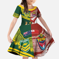 Custom Mate Ma'a Tonga and Australia Kangaroo Family Matching Puletasi and Hawaiian Shirt Nation Seal with Mascot Aboriginal and Tongan Kupesi Ngatu Art LT03 Daughter's Dress Red - Polynesian Pride