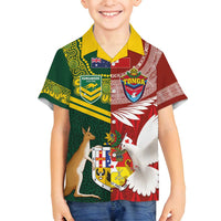Custom Mate Ma'a Tonga and Australia Kangaroo Family Matching Puletasi and Hawaiian Shirt Nation Seal with Mascot Aboriginal and Tongan Kupesi Ngatu Art LT03 Son's Shirt Red - Polynesian Pride