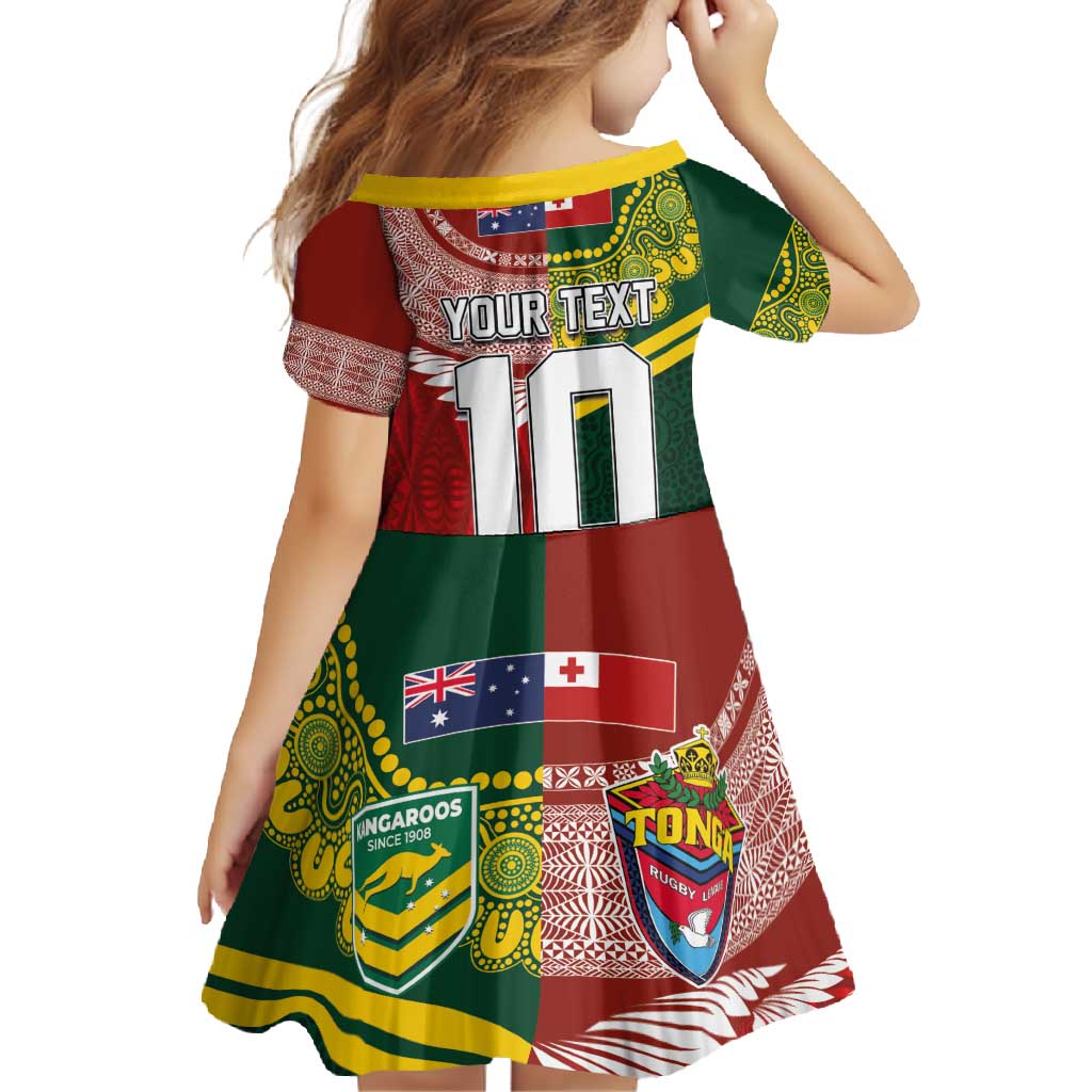 Custom Mate Ma'a Tonga and Australia Kangaroo Family Matching Short Sleeve Bodycon Dress and Hawaiian Shirt Nation Seal with Mascot Aboriginal and Tongan Kupesi Ngatu Art LT03 - Polynesian Pride