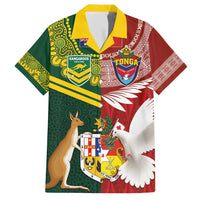 Custom Mate Ma'a Tonga and Australia Kangaroo Family Matching Short Sleeve Bodycon Dress and Hawaiian Shirt Nation Seal with Mascot Aboriginal and Tongan Kupesi Ngatu Art LT03 Dad's Shirt - Short Sleeve Red - Polynesian Pride
