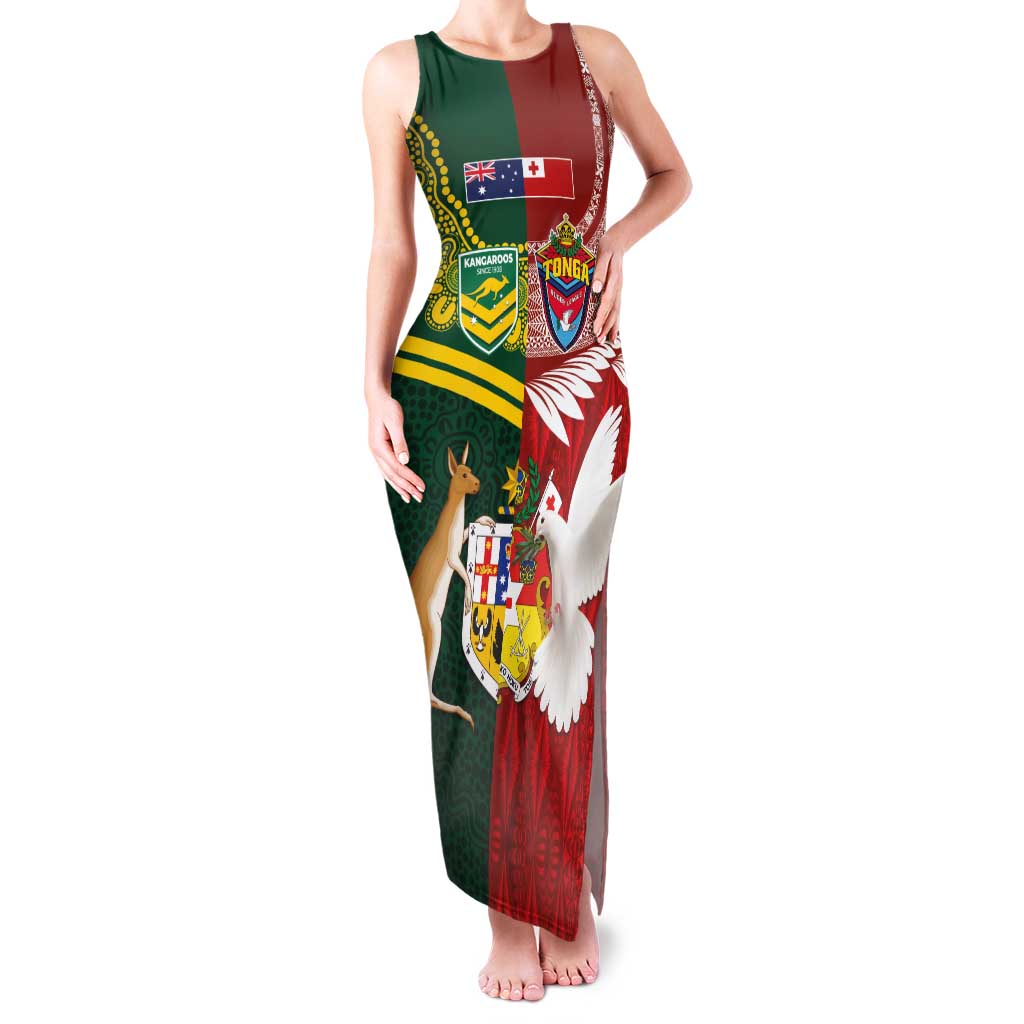 Custom Mate Ma'a Tonga and Australia Kangaroo Family Matching Tank Maxi Dress and Hawaiian Shirt Nation Seal with Mascot Aboriginal and Tongan Kupesi Ngatu Art LT03 Mom's Dress Red - Polynesian Pride