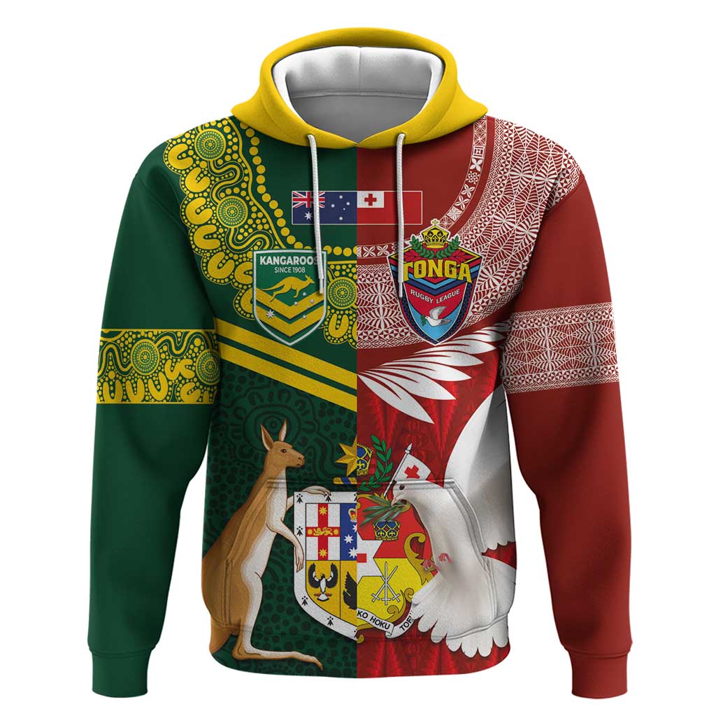 Custom Mate Ma'a Tonga and Australia Kangaroo Hoodie Nation Seal with Mascot Aboriginal and Tongan Kupesi Ngatu Art LT03 Pullover Hoodie Red - Polynesian Pride