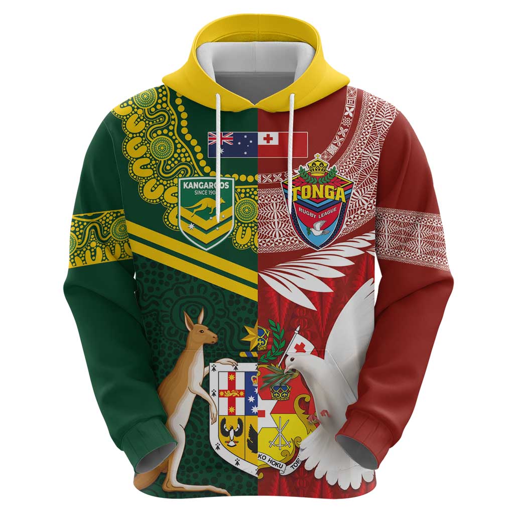 Custom Mate Ma'a Tonga and Australia Kangaroo Hoodie Nation Seal with Mascot Aboriginal and Tongan Kupesi Ngatu Art LT03 - Polynesian Pride