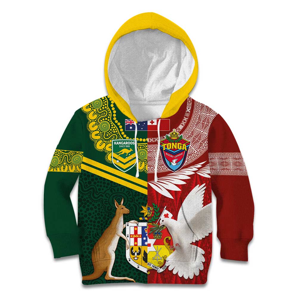 Custom Mate Ma'a Tonga and Australia Kangaroo Kid Hoodie Nation Seal with Mascot Aboriginal and Tongan Kupesi Ngatu Art LT03 Hoodie Red - Polynesian Pride