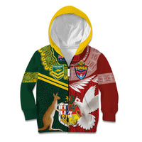 Custom Mate Ma'a Tonga and Australia Kangaroo Kid Hoodie Nation Seal with Mascot Aboriginal and Tongan Kupesi Ngatu Art LT03 Zip Hoodie Red - Polynesian Pride