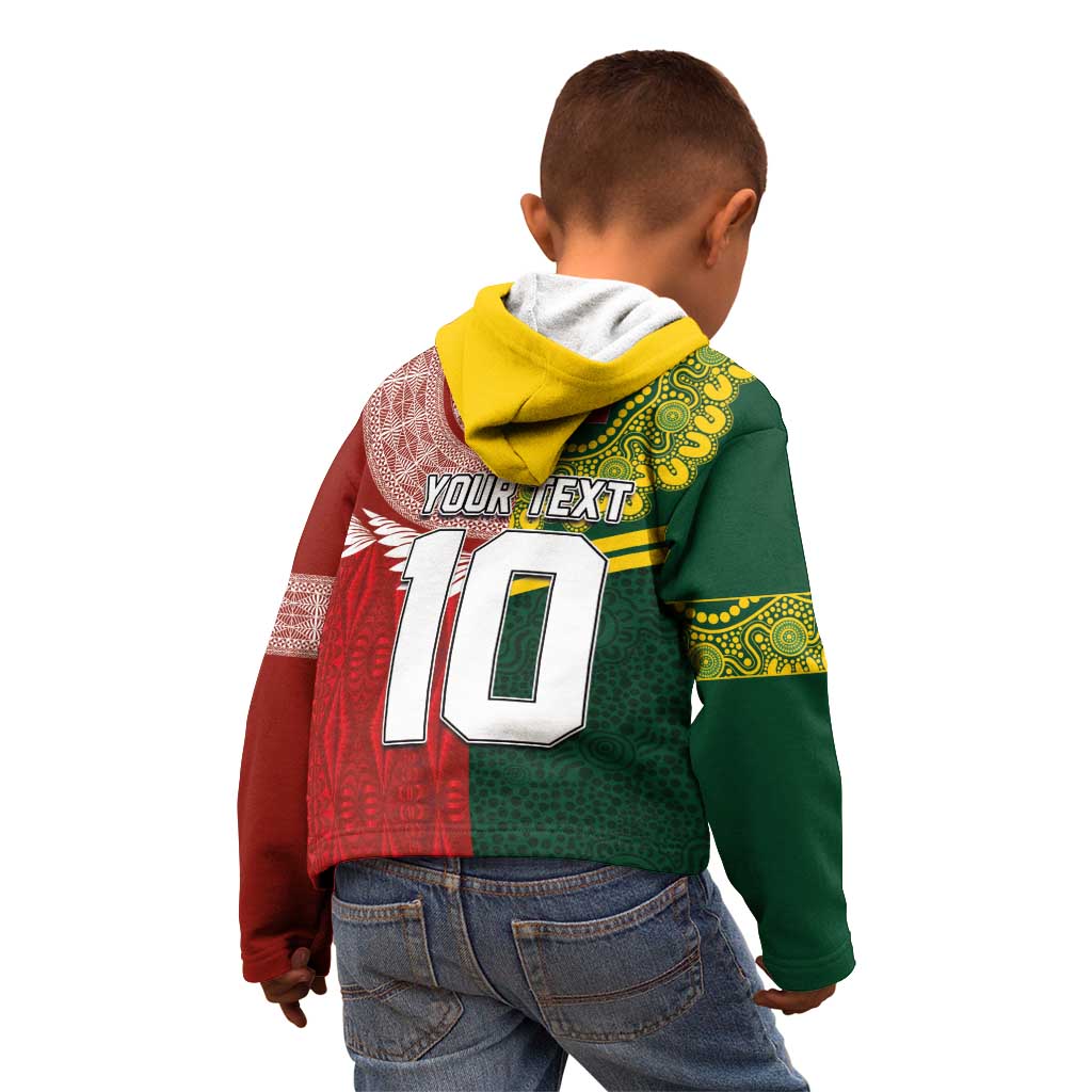 Custom Mate Ma'a Tonga and Australia Kangaroo Kid Hoodie Nation Seal with Mascot Aboriginal and Tongan Kupesi Ngatu Art LT03 - Polynesian Pride