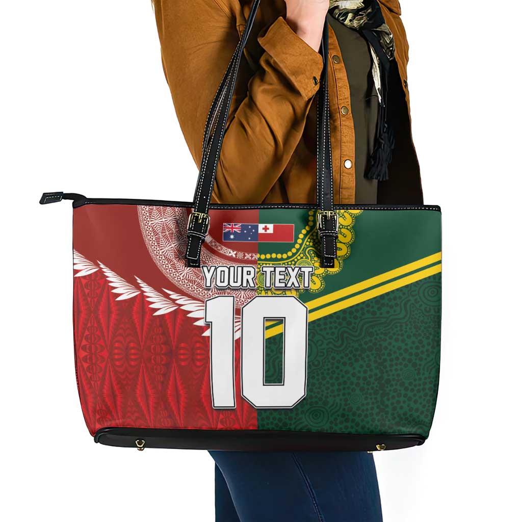Custom Mate Ma'a Tonga and Australia Kangaroo Leather Tote Bag Nation Seal with Mascot Aboriginal and Tongan Kupesi Ngatu Art LT03 - Polynesian Pride