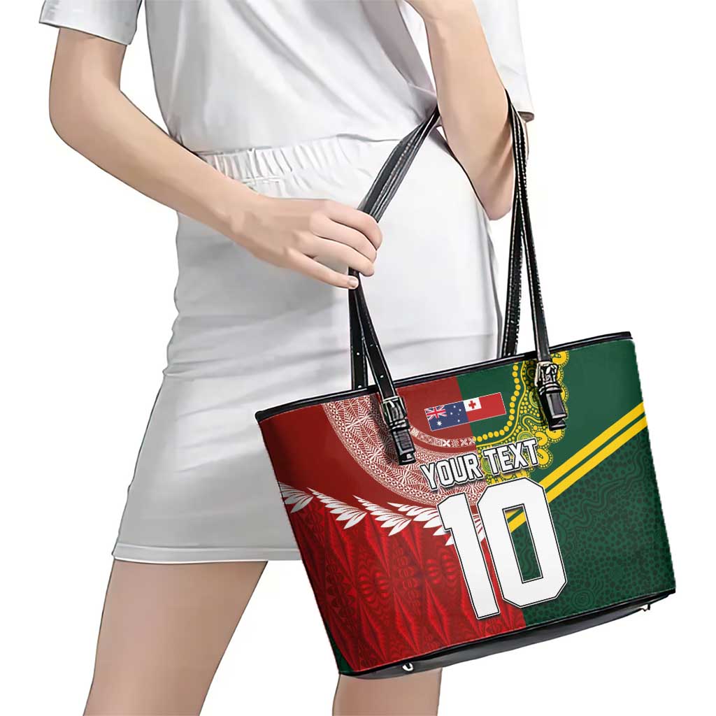 Custom Mate Ma'a Tonga and Australia Kangaroo Leather Tote Bag Nation Seal with Mascot Aboriginal and Tongan Kupesi Ngatu Art LT03 - Polynesian Pride