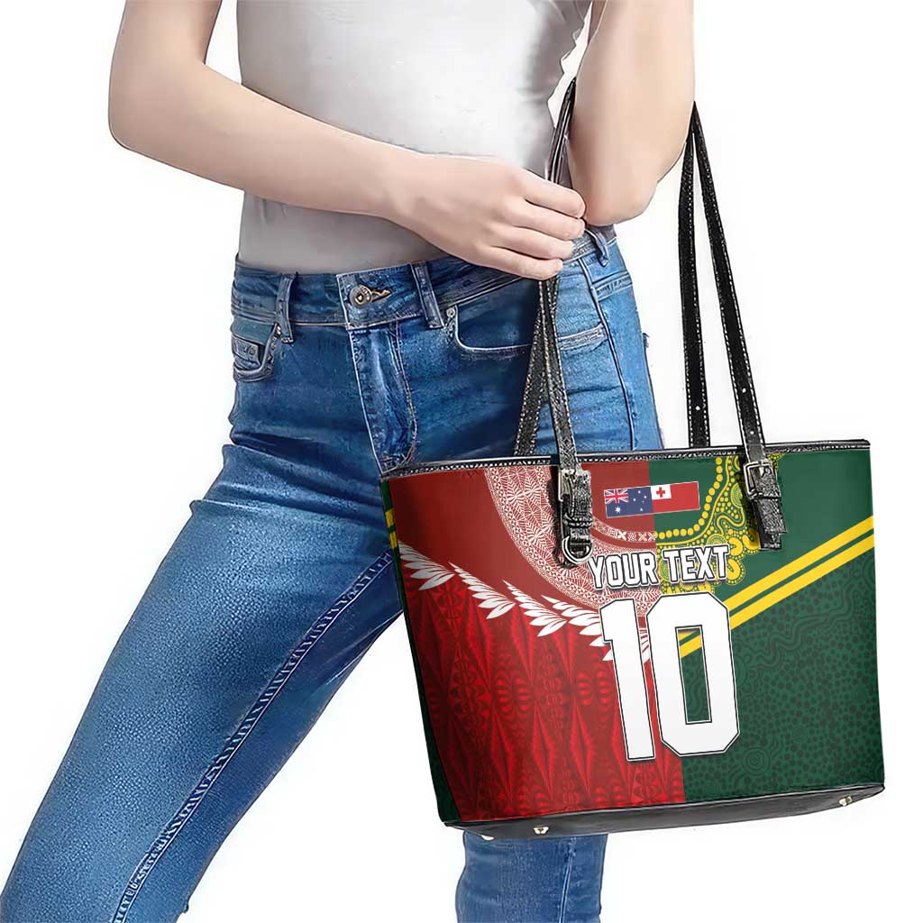 Custom Mate Ma'a Tonga and Australia Kangaroo Leather Tote Bag Nation Seal with Mascot Aboriginal and Tongan Kupesi Ngatu Art LT03 - Polynesian Pride