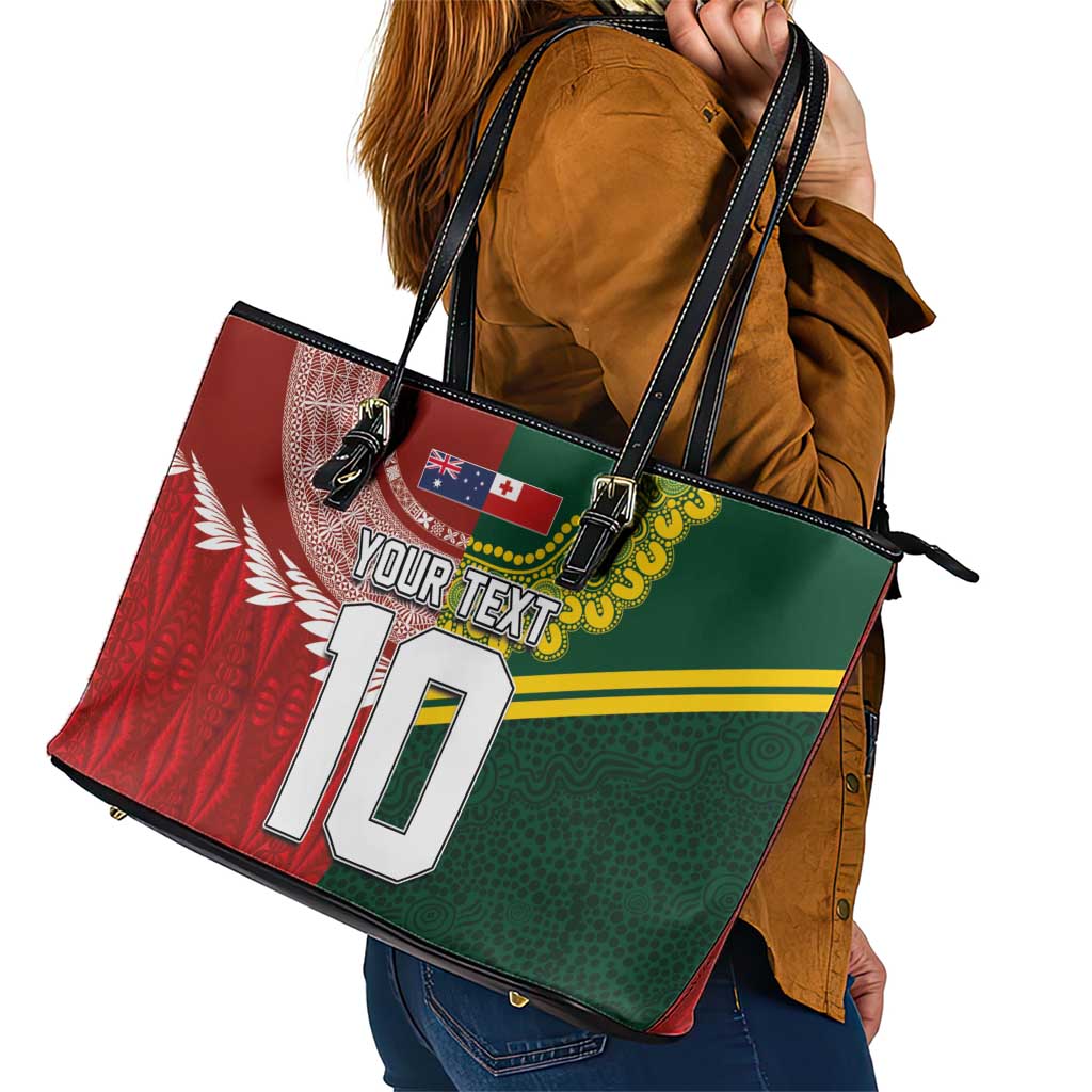 Custom Mate Ma'a Tonga and Australia Kangaroo Leather Tote Bag Nation Seal with Mascot Aboriginal and Tongan Kupesi Ngatu Art LT03 - Polynesian Pride