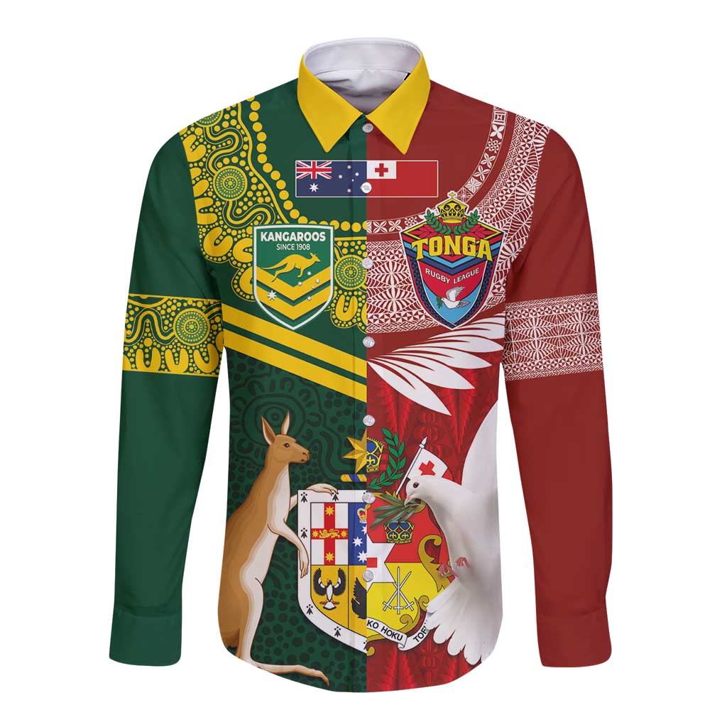 Custom Mate Ma'a Tonga and Australia Kangaroo Long Sleeve Button Shirt Nation Seal with Mascot Aboriginal and Tongan Kupesi Ngatu Art LT03 Unisex Red - Polynesian Pride
