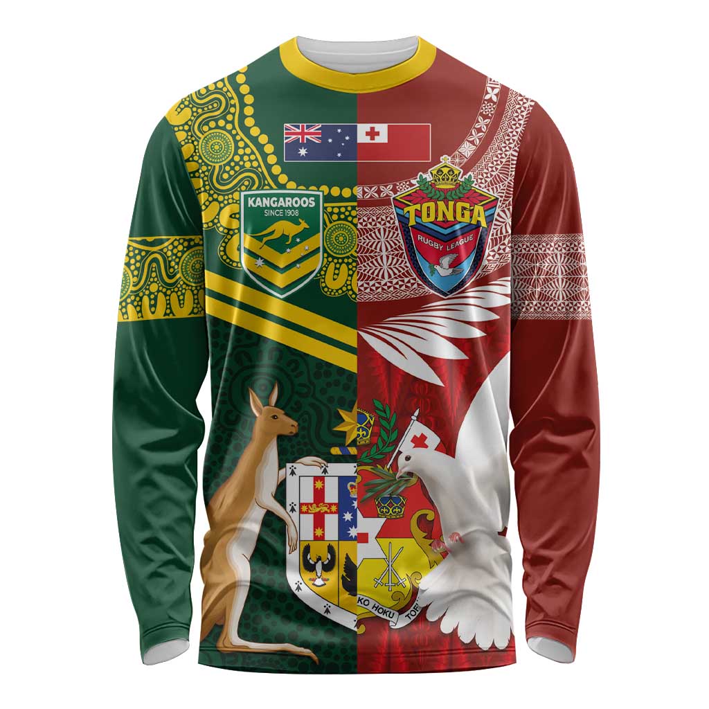 Custom Mate Ma'a Tonga and Australia Kangaroo Long Sleeve Shirt Nation Seal with Mascot Aboriginal and Tongan Kupesi Ngatu Art LT03 Unisex Red - Polynesian Pride
