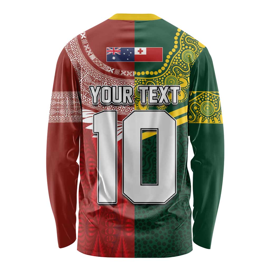 Custom Mate Ma'a Tonga and Australia Kangaroo Long Sleeve Shirt Nation Seal with Mascot Aboriginal and Tongan Kupesi Ngatu Art LT03 - Polynesian Pride