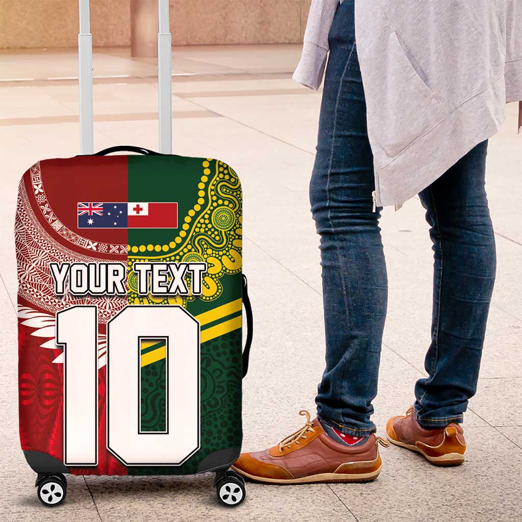 Custom Mate Ma'a Tonga and Australia Kangaroo Luggage Cover Nation Seal with Mascot Aboriginal and Tongan Kupesi Ngatu Art LT03 Red - Polynesian Pride