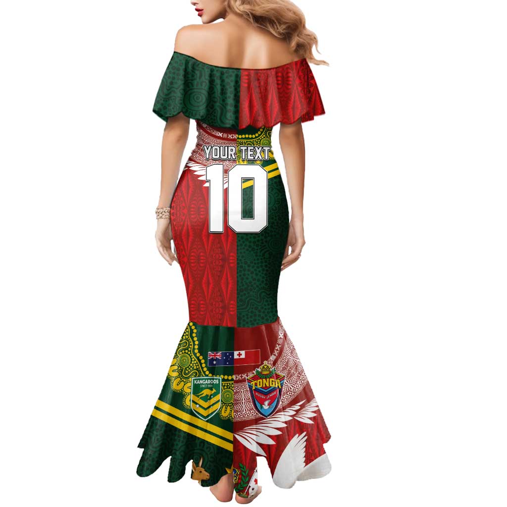 Custom Mate Ma'a Tonga and Australia Kangaroo Mermaid Dress Nation Seal with Mascot Aboriginal and Tongan Kupesi Ngatu Art LT03 - Polynesian Pride