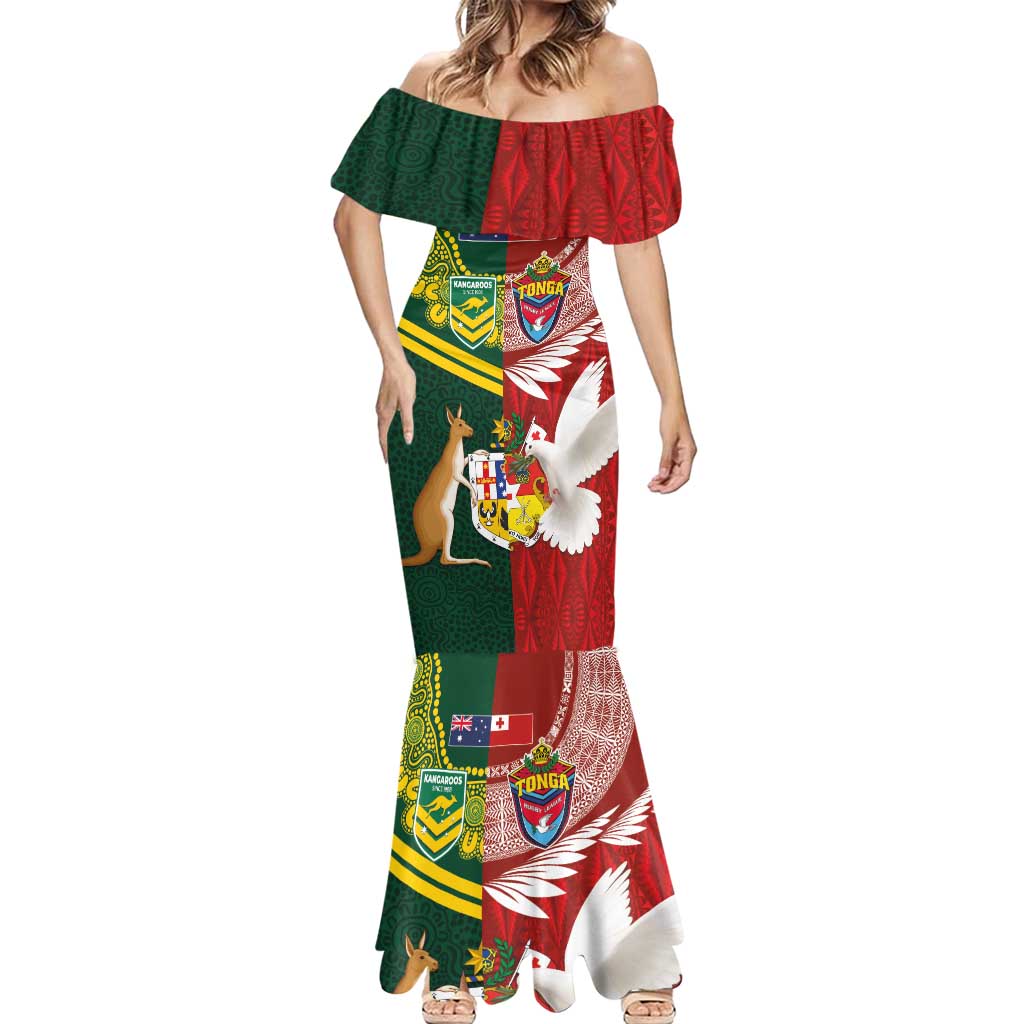 Custom Mate Ma'a Tonga and Australia Kangaroo Mermaid Dress Nation Seal with Mascot Aboriginal and Tongan Kupesi Ngatu Art LT03 - Polynesian Pride