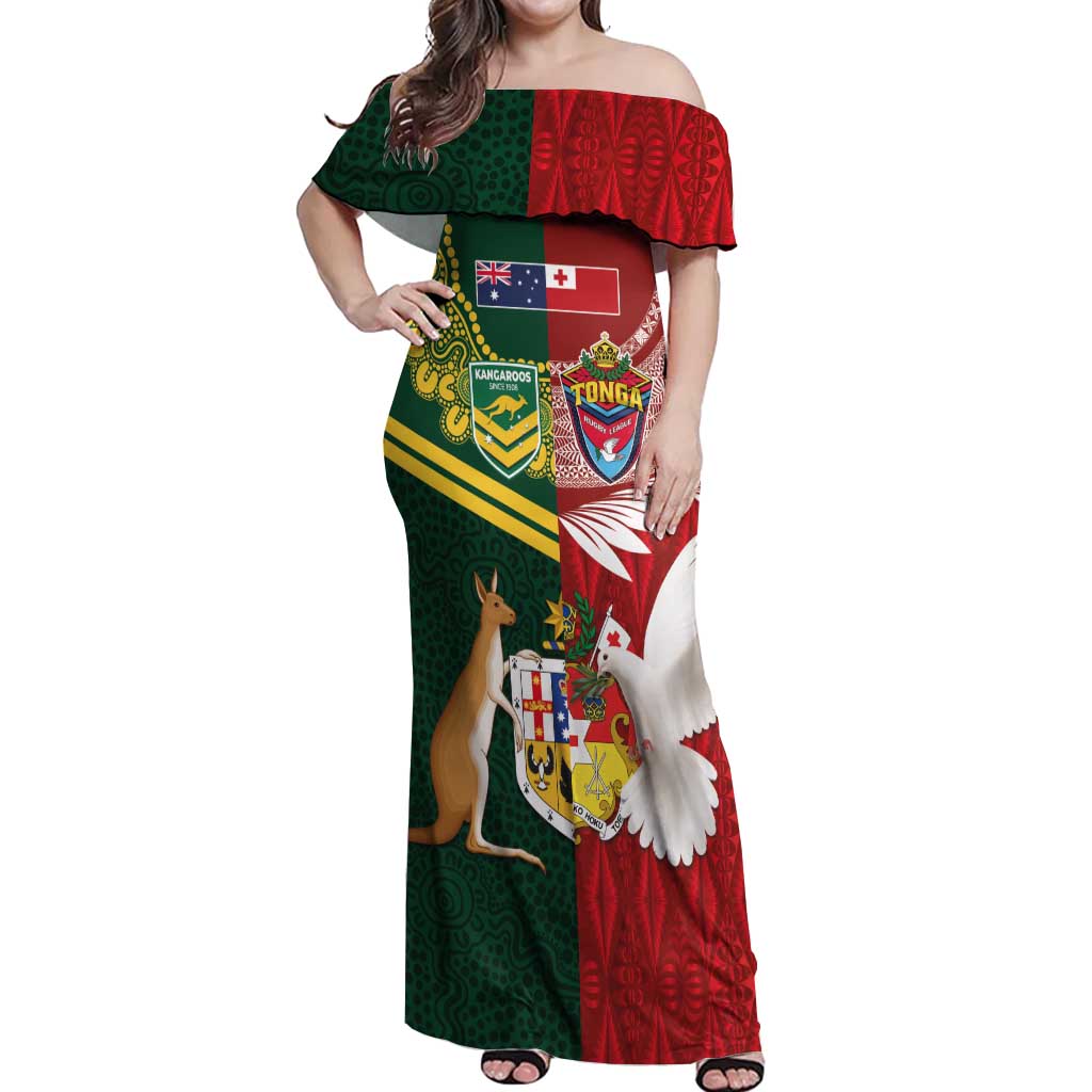 Custom Mate Ma'a Tonga and Australia Kangaroo Off Shoulder Maxi Dress Nation Seal with Mascot Aboriginal and Tongan Kupesi Ngatu Art LT03 Women Red - Polynesian Pride