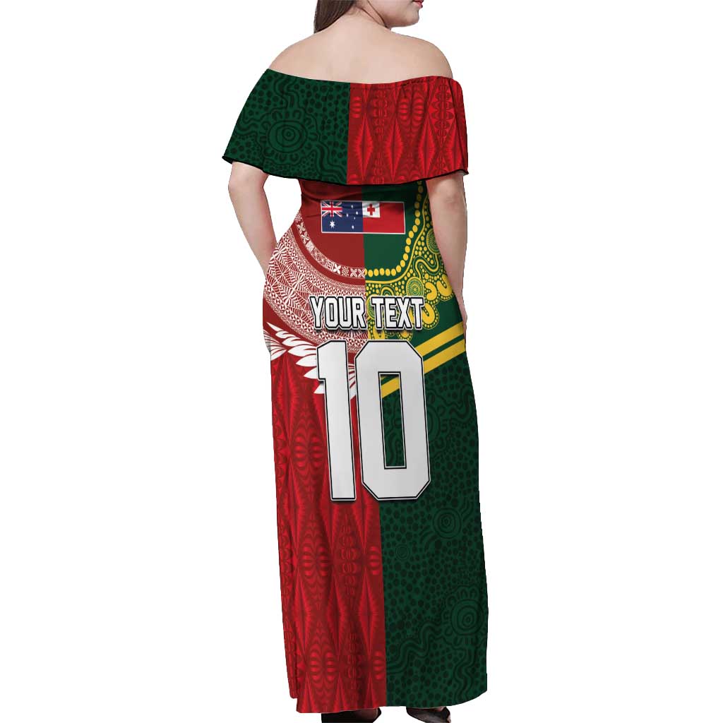 Custom Mate Ma'a Tonga and Australia Kangaroo Off Shoulder Maxi Dress Nation Seal with Mascot Aboriginal and Tongan Kupesi Ngatu Art LT03 - Polynesian Pride