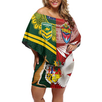 Custom Mate Ma'a Tonga and Australia Kangaroo Off Shoulder Short Dress Nation Seal with Mascot Aboriginal and Tongan Kupesi Ngatu Art LT03 Women Red - Polynesian Pride