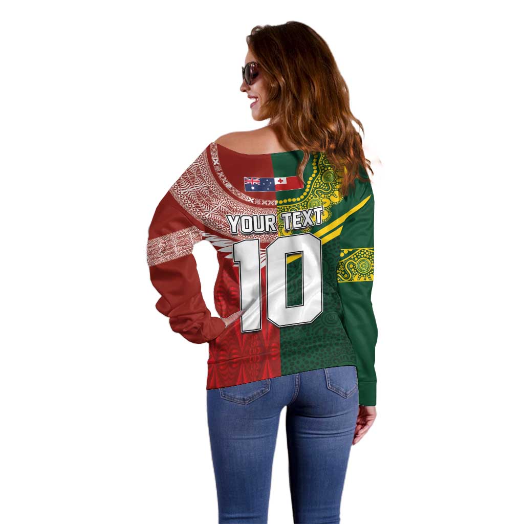 Custom Mate Ma'a Tonga and Australia Kangaroo Off Shoulder Sweater Nation Seal with Mascot Aboriginal and Tongan Kupesi Ngatu Art LT03 - Polynesian Pride