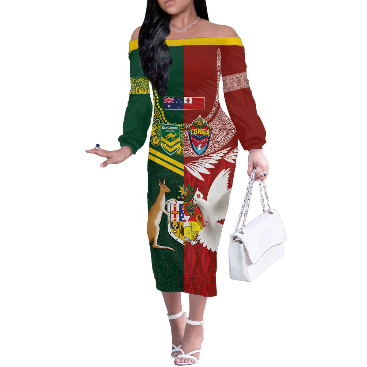 Custom Mate Ma'a Tonga and Australia Kangaroo Off The Shoulder Long Sleeve Dress Nation Seal with Mascot Aboriginal and Tongan Kupesi Ngatu Art LT03 Women Red - Polynesian Pride