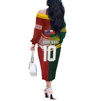 Custom Mate Ma'a Tonga and Australia Kangaroo Off The Shoulder Long Sleeve Dress Nation Seal with Mascot Aboriginal and Tongan Kupesi Ngatu Art LT03 - Polynesian Pride