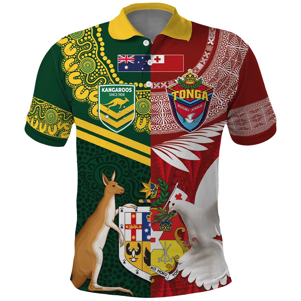 Mate Ma'a Tonga and Australia Kangaroo Polo Shirt - Nation Seal Kupesi Ngatu Aboriginal Art LT03 Red - Polynesian Pride